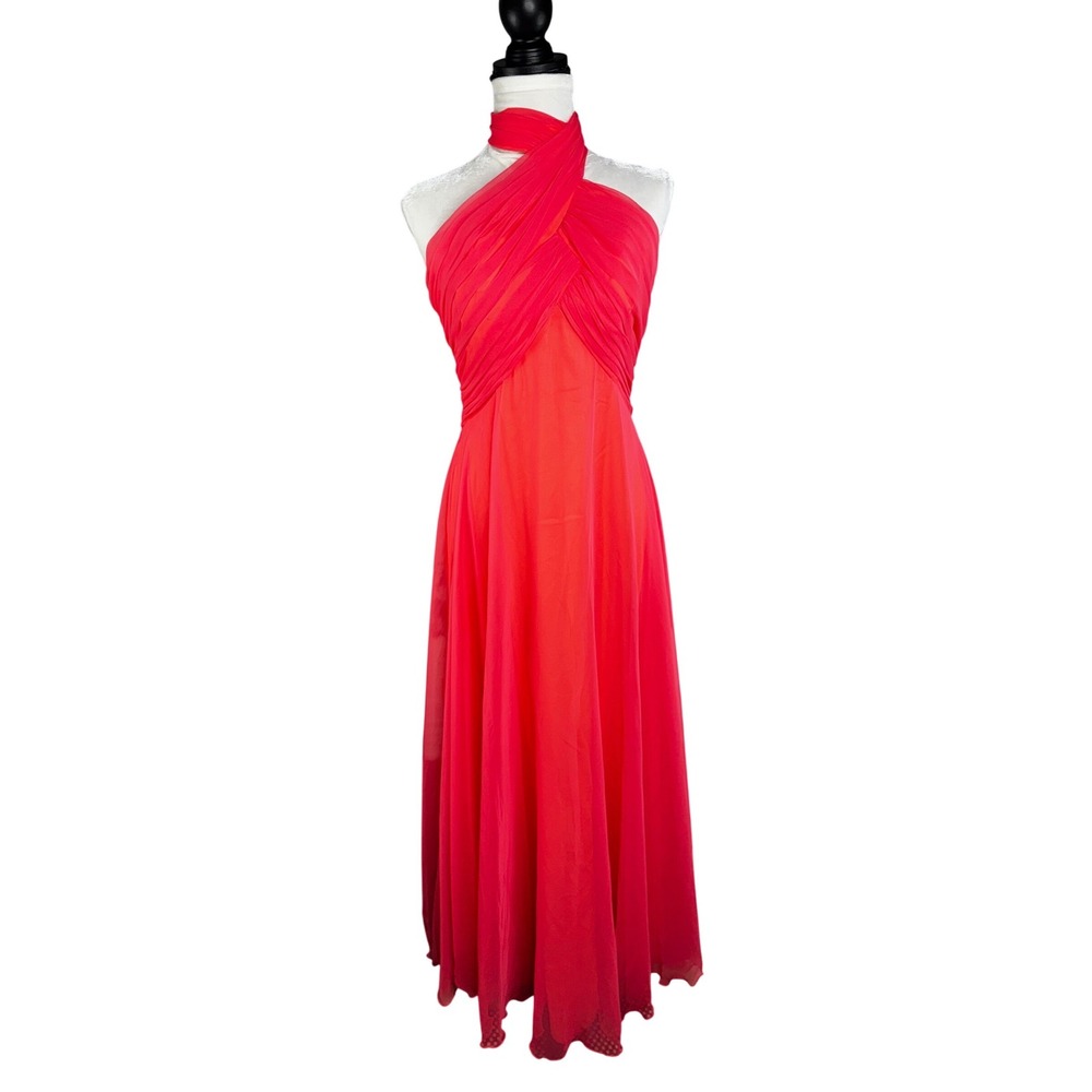 Vintage Mike Benet Formals Red Chiffon Halter Gown Dress Size 8 1970s USA Made